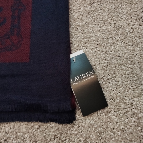 NWT Ralph Lauren Horse Bit Logo Navy and Wine Wide Scarf Wrap - Picture 5 of 7